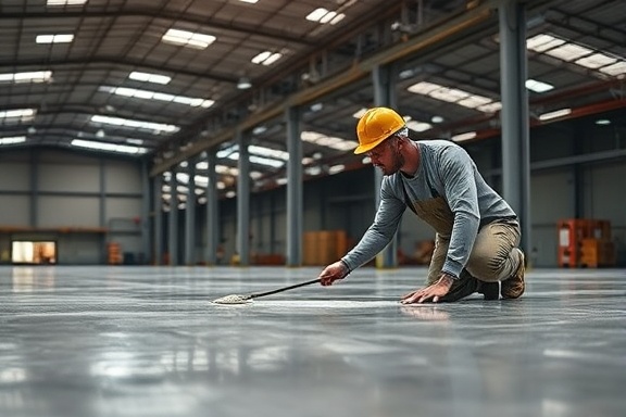 enhanced concrete treatment, attentive, worker inspecting surface, photorealistic, large warehouse with scattered light, highly detailed, treatment applying evenly, pin-sharp resolution, warm grey, soft shadowing, shot with a portrait lens.
