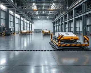 state-of-the-art concrete treatment, strategic, automated machine laying treatment, photorealistic, futuristic factory floor, highly detailed, mechanical precision in application, crystal-clear resolution, deep slate-grey, diffused overcast lighting, shot with a zoom lens.