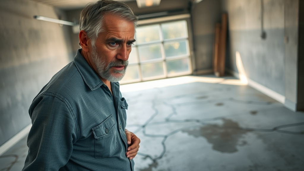 Stressed homeowner examining damaged garage floor, garage floor resurfacing, photorealistic, cracked concrete, sunlight through garage door