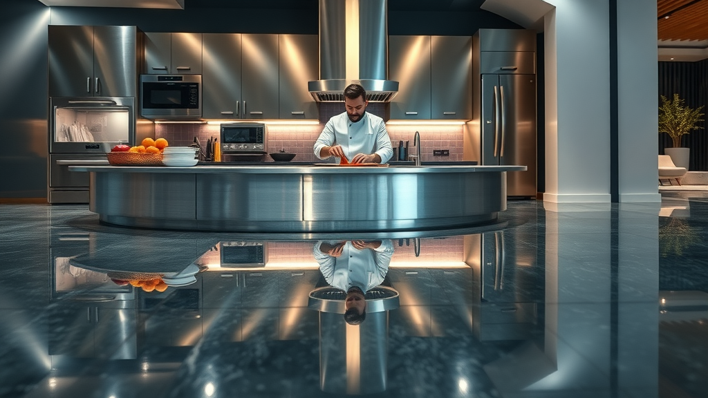 Contemporary kitchen with reflective metallic epoxy floor and chef working at counter. Main Keyword: metallic epoxy floor