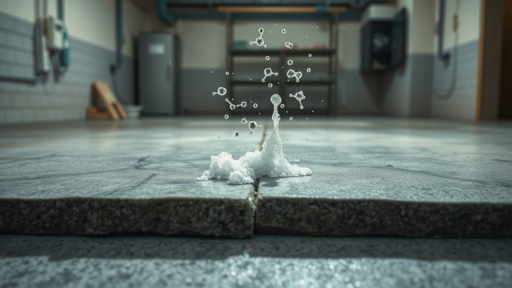 scientific illustration of concrete slab with molecular interaction of road salt damaging the garage floor