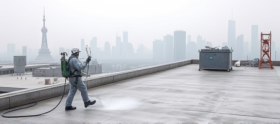 innovative concrete protection, proud, spraying protective layer, photorealistic, rooftop with city skyline in the background, highly detailed, mist from spray visible, ultra-realistic fidelity, steel grey, diffuse lighting, shot with a telephoto lens.