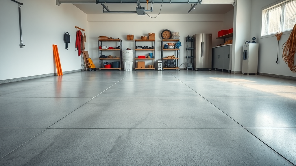 garage floor waterproofing for winter with clean concrete floor and winter items in tidy garage