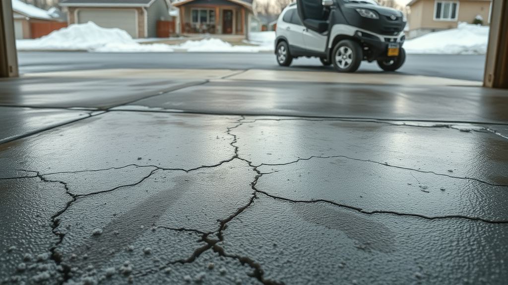 garage floor with visible salt stains, peeling, and cracks from road salt damage