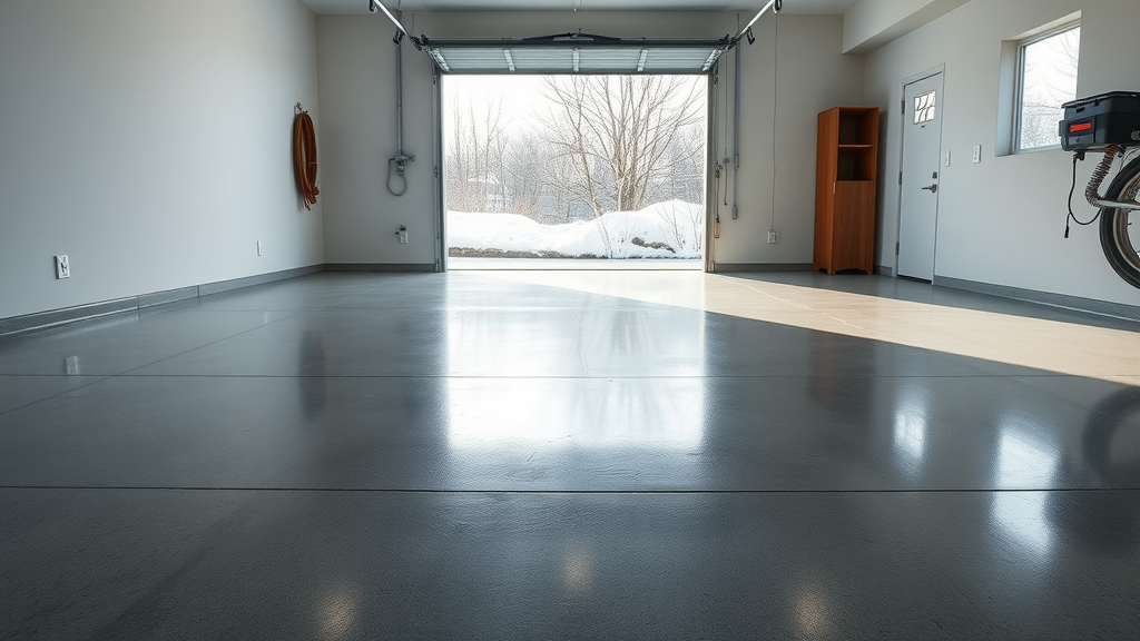 Modern garage with spotless concrete floor, glistening under clear sealant in winter, best sealants for garage floors