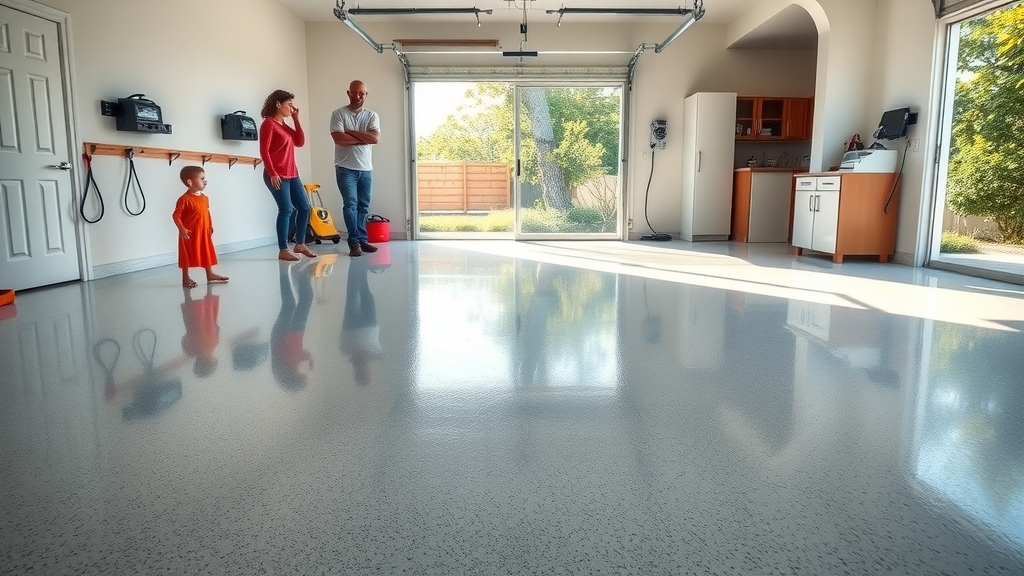 Transformed garage with gleaming flawless epoxy floor, family admiring epoxy floor installation results