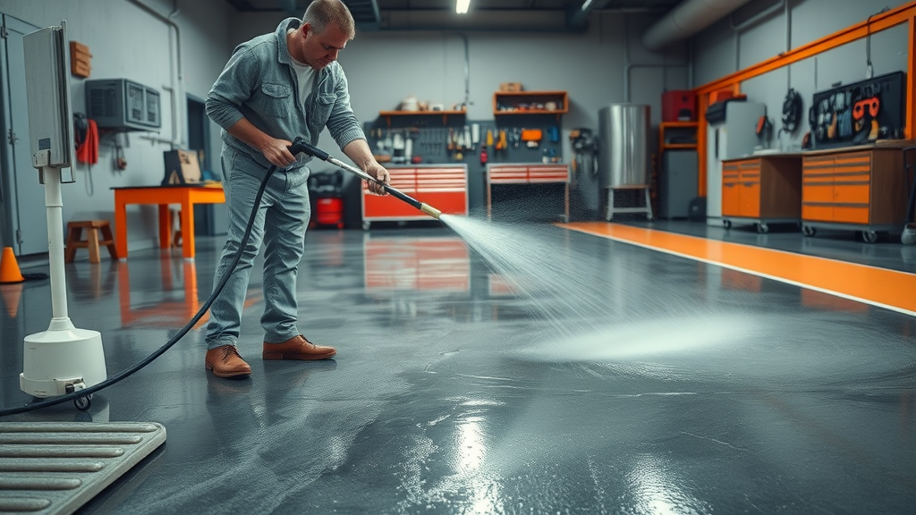Pressure wash epoxy garage floor safely for deep floor cleaning