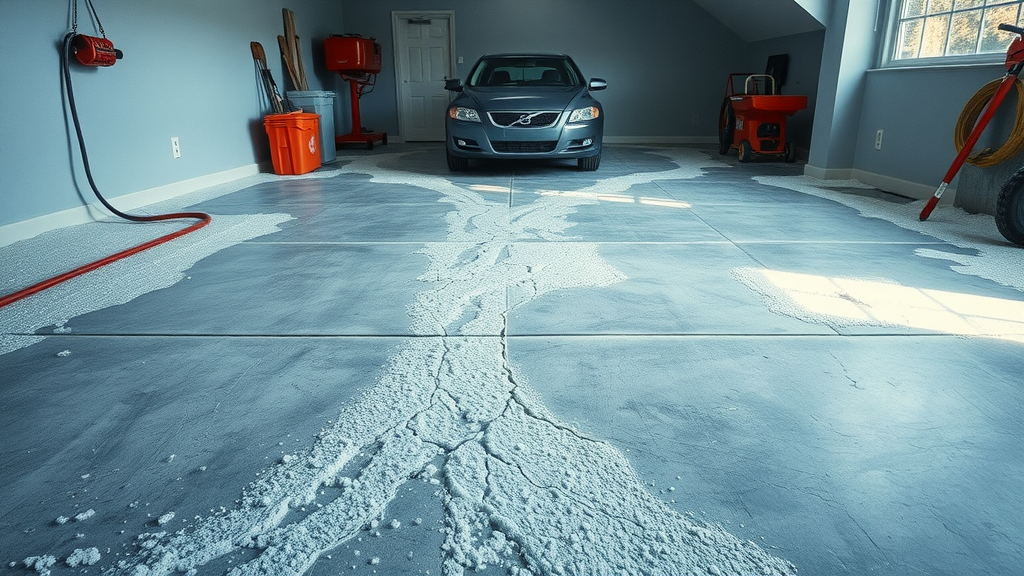 concrete garage floor with visible salt damage: white salt buildup, cracks, and flaking, contrasted with a new section, representing the effects of road salt on concrete floors in a photorealistic residential garage