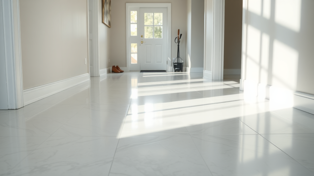 Pristine glossy epoxy floor in home interior, shining after easy floor maintenance