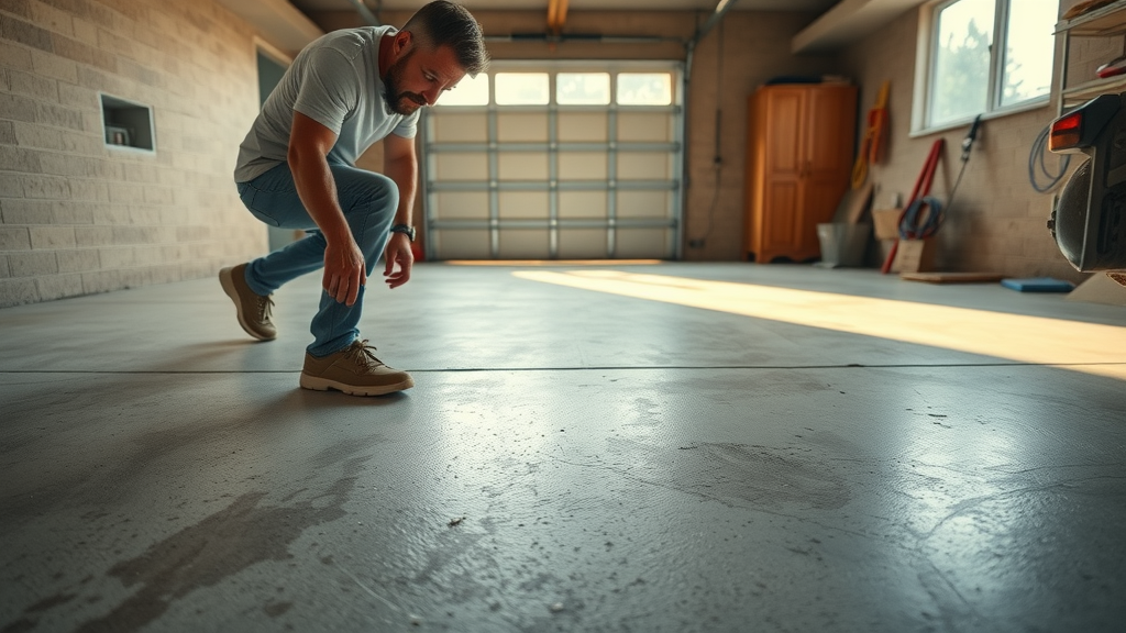 distressed suburban garage interior, concerned homeowner inspecting concrete floor for garage floor salt damage, visible salt stains, Photorealistic High Fidelity Lifelike, natural daylight, highly detailed