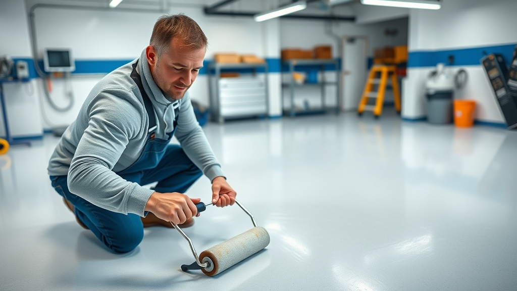 contractor applying polyaspartic coating to garage floor for salt damage protection, high-fidelity, professional garage, glossy coated floor