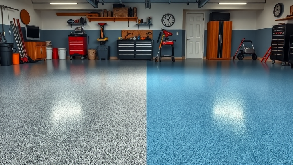 Side-by-side garage floor comparison: left epoxy, right floor paint, clear difference in garage floor epoxy finish and shine, visible tools and storage