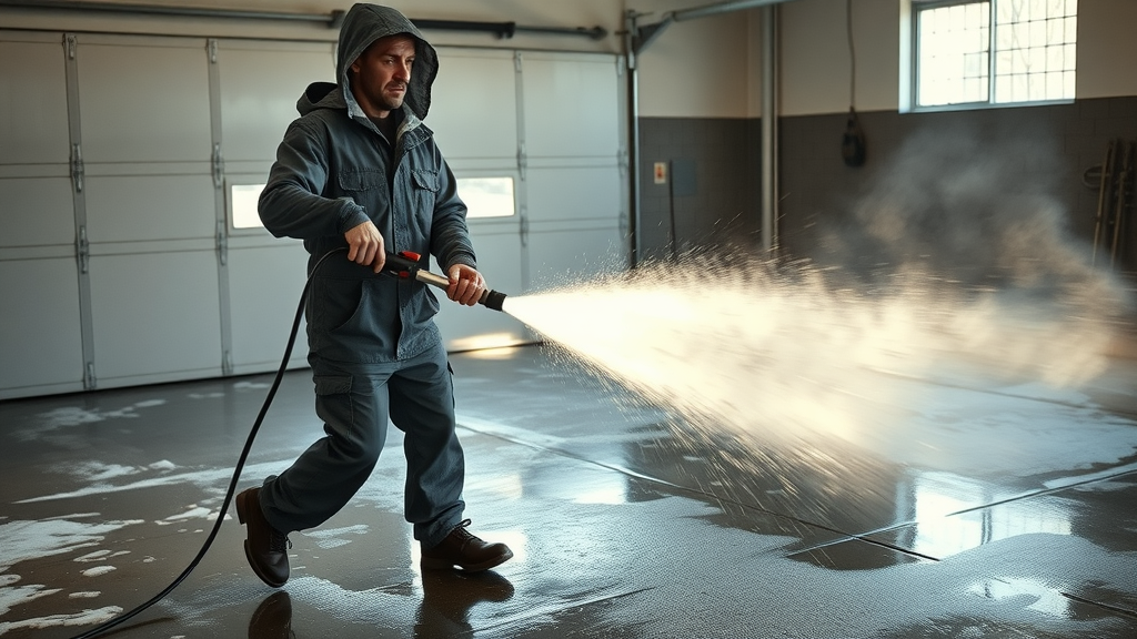 Person using power washer to clean slush and salt stains on garage floor, pressure washing oil stains from garage floors