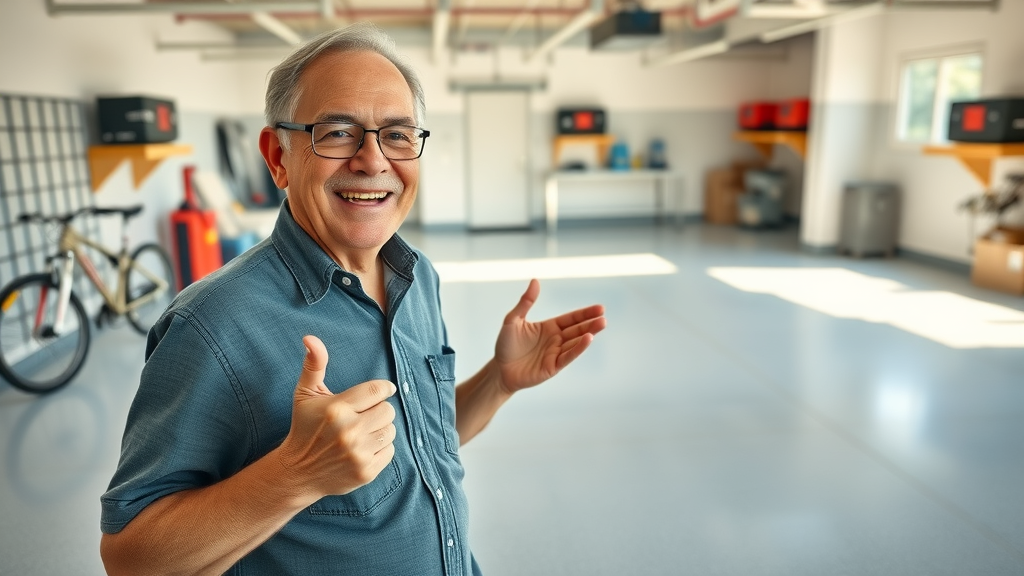 happy homeowner standing in pristine, durable garage floor, pointing to easy-to-clean garage floor tile and epoxy coating finish with organized garage background