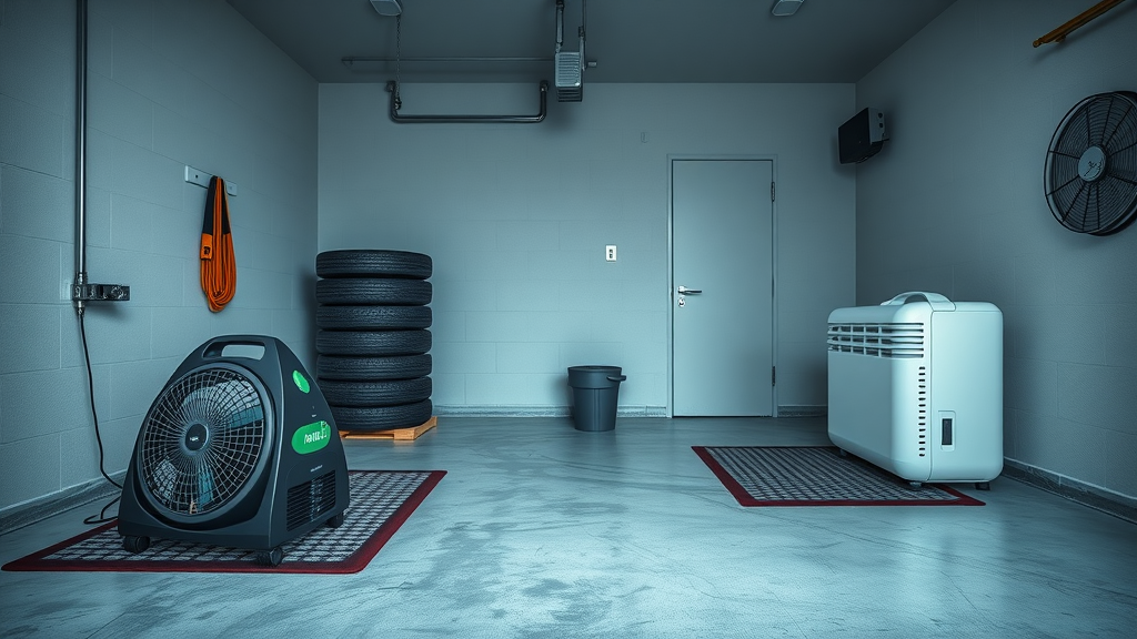 modern garage with floor mats, portable fan, and dehumidifier in use for winter garage floor maintenance