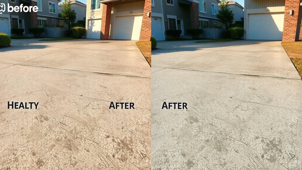 side-by-side comparison: healthy concrete vs. salt-damaged concrete showing visible scaling, discoloration, pitting, representing the effects of road salt on concrete floors in an urban garage or driveway