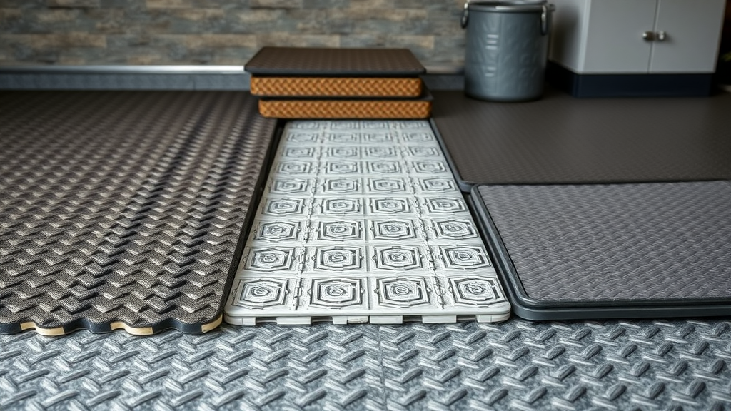 close-up of interlocking garage floor tiles, epoxy coating samples, and rubber mats with garage background, showing durable garage flooring options in detail