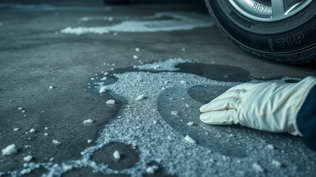 Close-up view of garage floor showing vivid road salt residue and water pooling near tire treads, highlighting salt damage risk in winter.