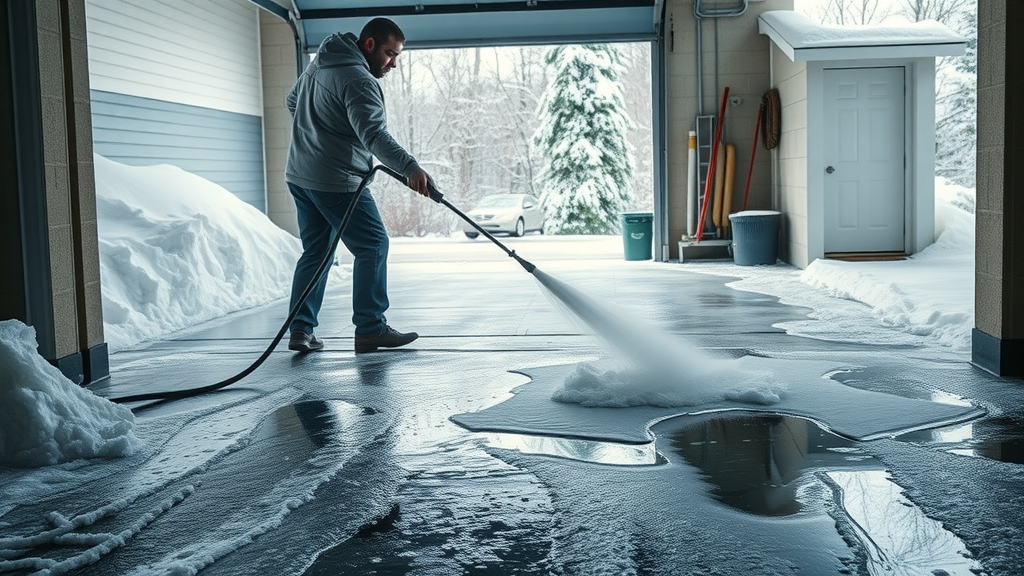 Dynamic scene of a person attempting to hose down a garage floor in winter, with visible ice and water freezing near the entrance, showing common cleaning mistake.