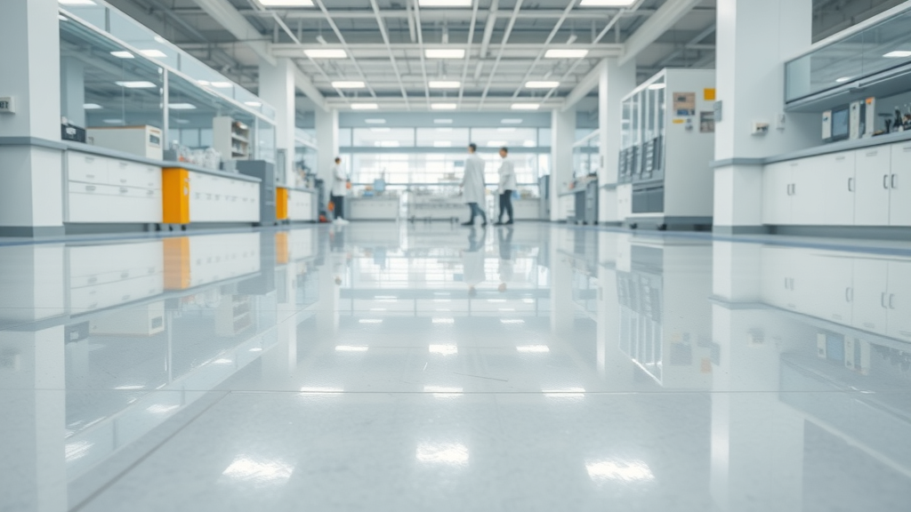 Modern commercial laboratory with seamless epoxy floor, clean and reflective performance flooring