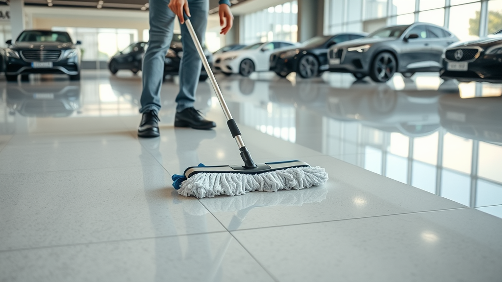 Epoxy floor maintenance in commercial showroom, spotless clean epoxy floor surface