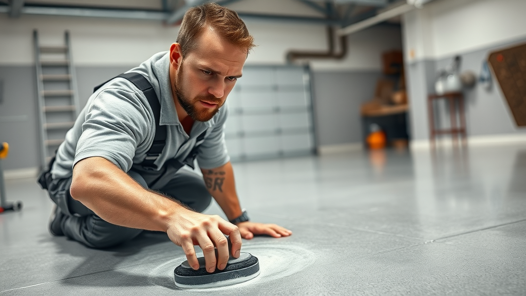 Installer preparing a garage floor for epoxy coating, scrubbing and etching with cleaning supplies in a modern garage, strong workshop lighting and visible dust particles.