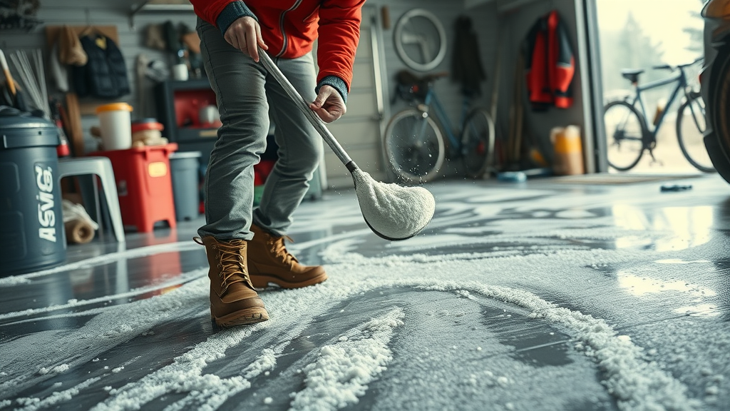 Spilled slush and salt on garage floor being cleaned up promptly to prevent damage, winter garage floor care (salt, slush)