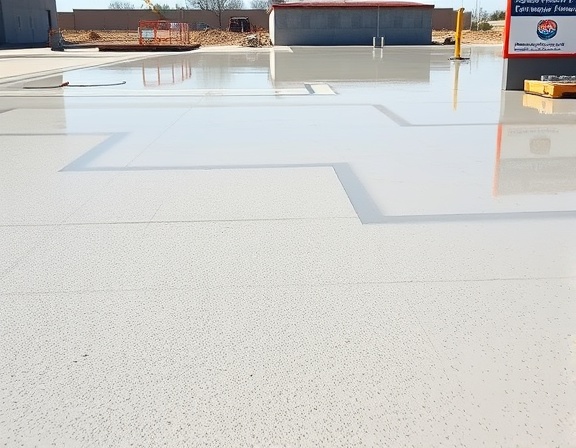 freshly applied concrete coating, flawless, evenly spread coating, photorealistic, outdoor construction site on a sunny day, highly detailed, reflections on wet concrete, ultra-high definition, light gray, bright daylight, shot with a wide-angle lens.