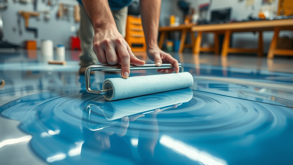 applying epoxy garage floor coatings with a roller on a concrete floor, tools and workbench in the background, high detail