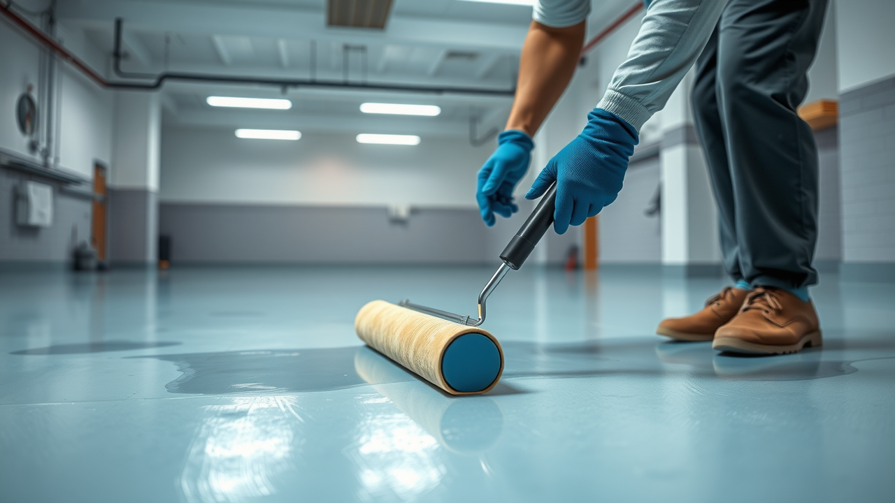 Applying epoxy coating to a clean garage floor for protection against slush stains and salt stains