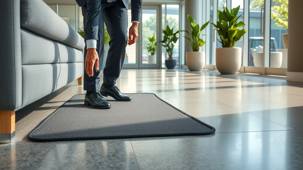 Epoxy floor maintenance: mat under furniture for epoxy protection, high-traffic lobby