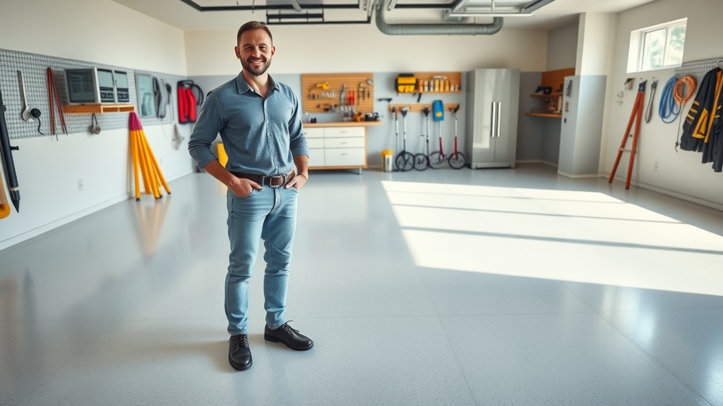 Modern garage with a newly epoxied floor, satisfied homeowner, garage floor epoxy, organized garage with tools and storage, polished reflective surface, natural sunlight
