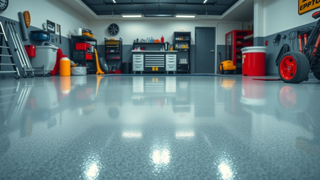 Modern garage floor with glossy epoxy and matte water-based coating, pristine surface, garage floor resurfacing, detailed reflections, garage tools visible