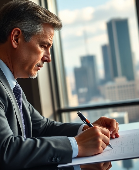 forward-thinking industry leadership, focused expression, signing important documents, photorealistic, executive office with city skyline view, highly detailed, official atmosphere, 50mm, natural daylight, shot with a Canon RF 50mm f/1.2L lens.