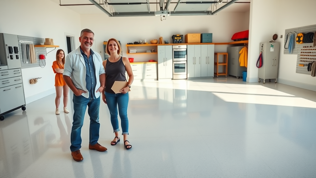 Garage epoxy floor coatings in a sleek modern garage interior, with satisfied homeowners admiring a newly finished glossy epoxy floor, organized storage, and vibrant neutral colors under natural daylight.