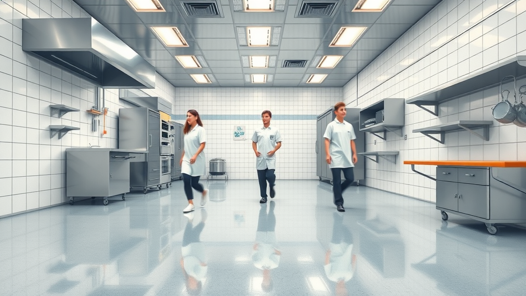 food safe industrial kitchen epoxy floor coating commercial floor hygienic safety staff moving stainless appliances