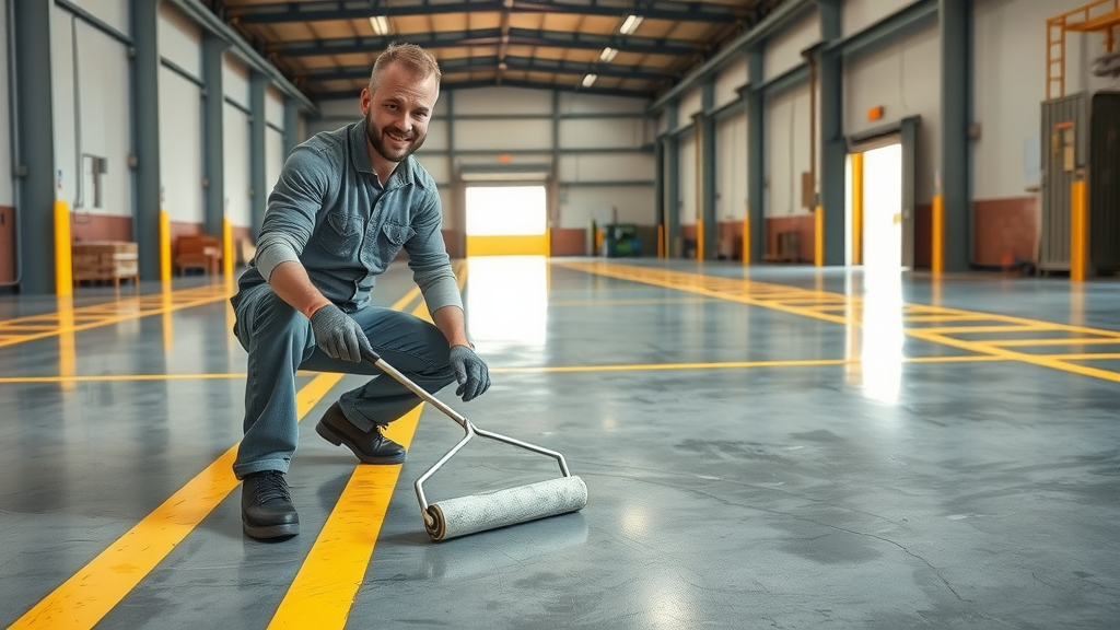 Skilled worker applying epoxy floor coating professionally in a commercial warehouse with vibrant safety lines