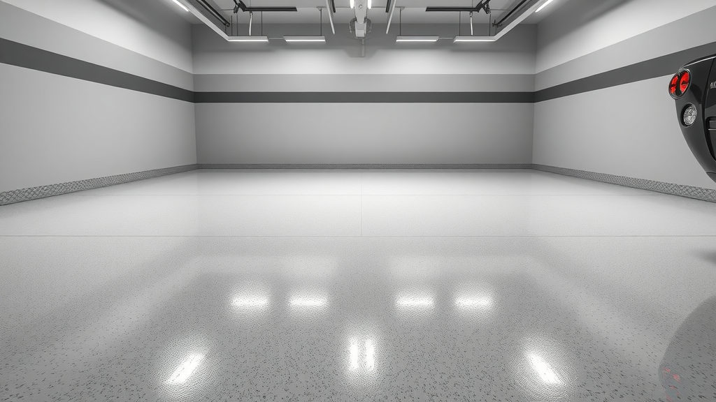 modern garage floor with fresh epoxy coating, pristine and highly reflective finish