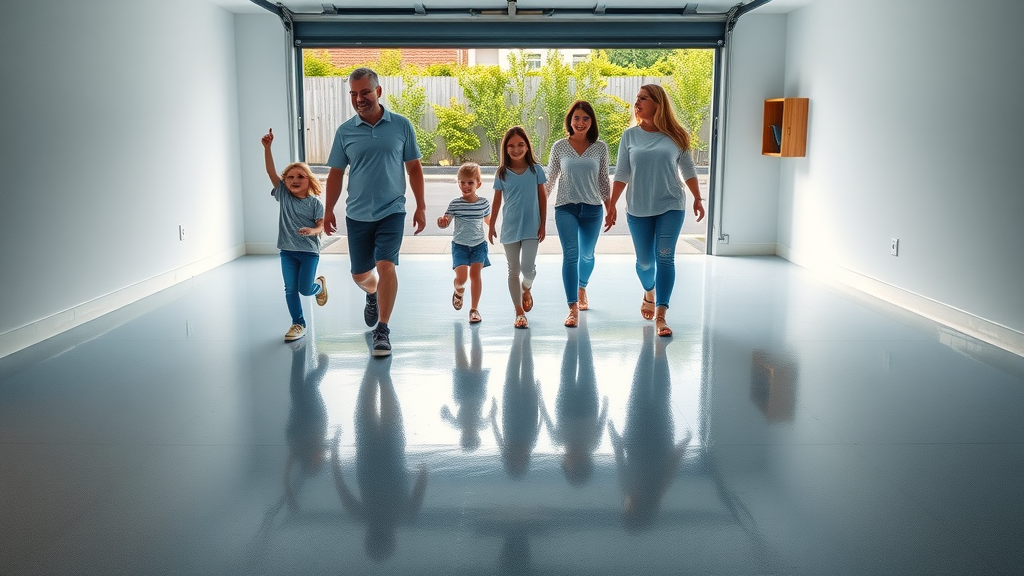 family walking happily on a newly coated shiny garage floor, children and adults admiring smooth surface, greenery outside
