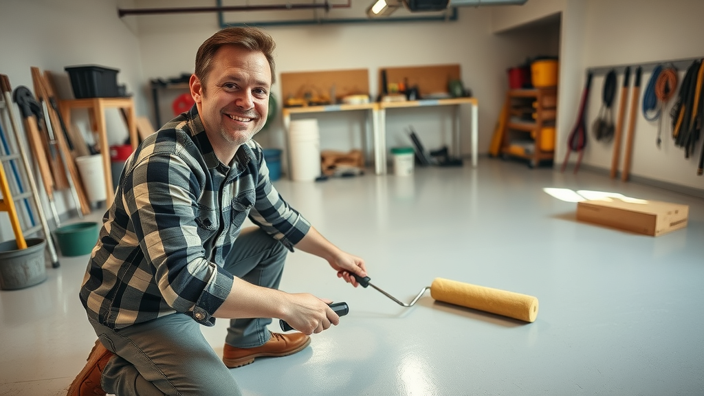 DIYer applying primer to clean garage floor for resurfacing, organized garage, garage floor resurfacing, photorealistic, various tools and buckets visible