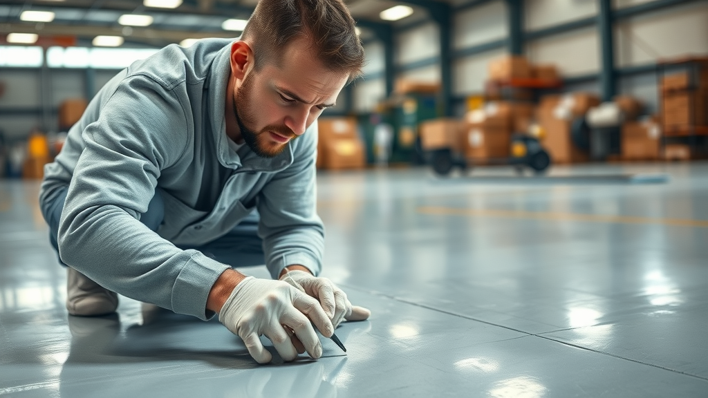 Professional commercial flooring installation epoxy coating with technician applying epoxy in busy industrial warehouse