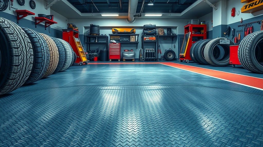 heavy-duty waterproofed garage floor with layered coatings, industrial mat, and snow tires for winter protection