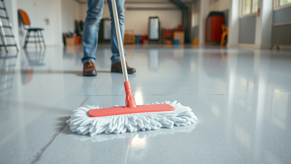 epoxy floor coatings maintenance with janitor gently cleaning a pristine floor