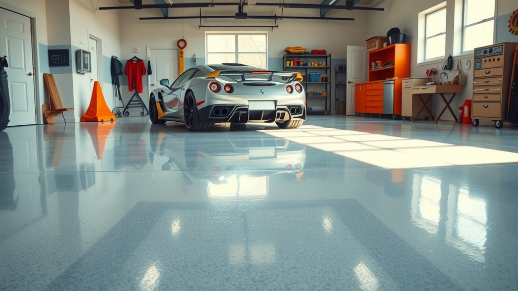 Bright garage interior with a pristine epoxy floor, winter reflections, family car, and organized tools, showing satisfaction and safety after proper winter cleaning.