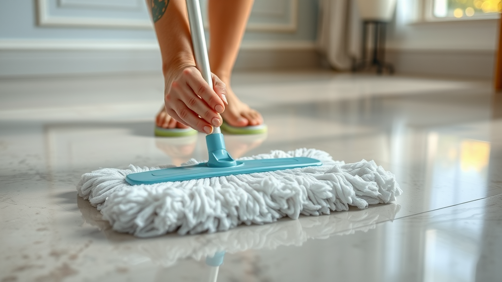 Hands cleaning epoxy resin floor with soft mop and eco-friendly solution in a tidy residential setting. Main Keyword: epoxy flooring