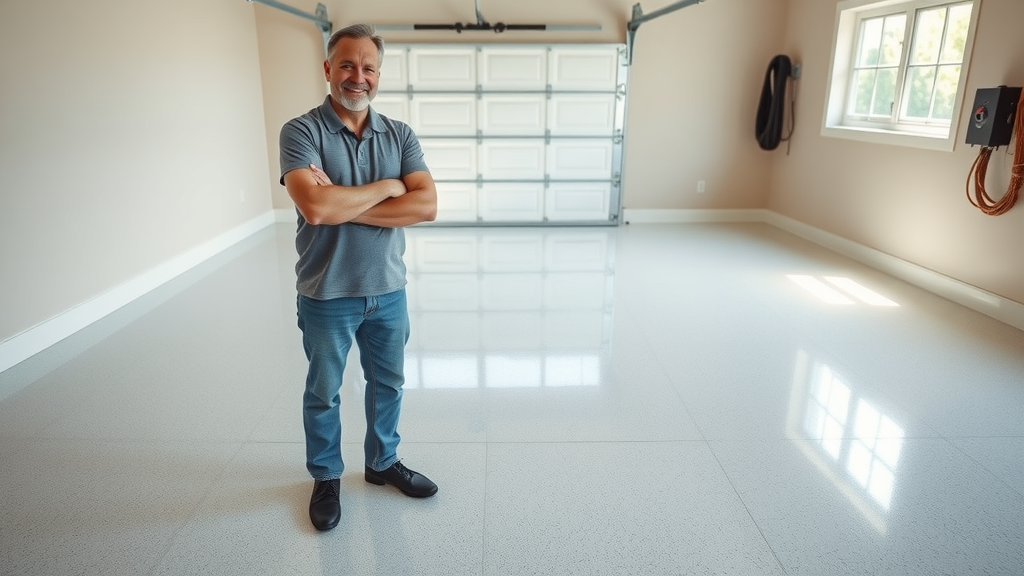 happy homeowner, satisfied with new epoxy garage floor, clean space, garage floor coating benefits