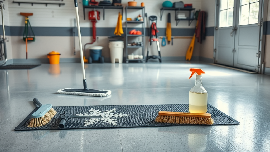 Essential tools and products for winter garage floor care (salt, slush) including mop, brush, and mats