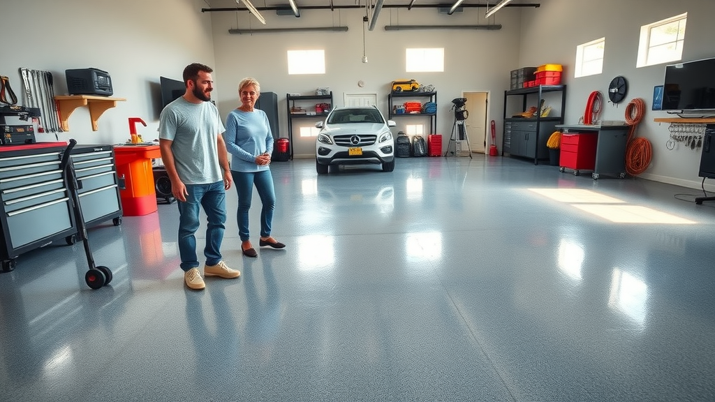 Modern residential garage with epoxy floor color options increasing home value and aesthetic appeal