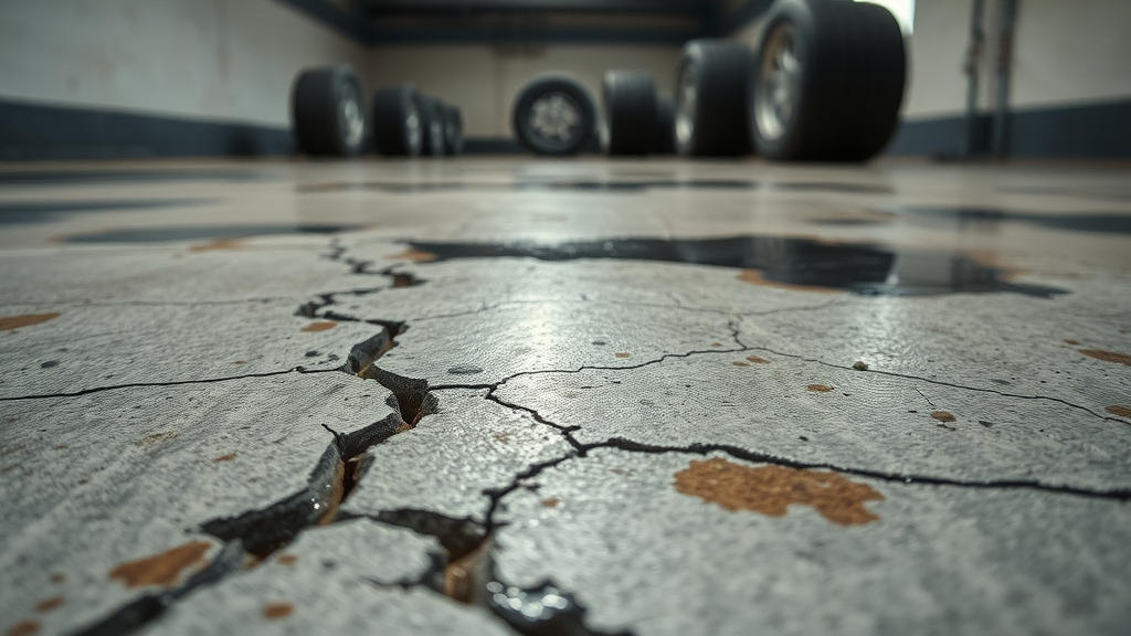 distressed concrete garage floor with visible cracks, salt stains, and water seeping into cracks for winter garage floor maintenance