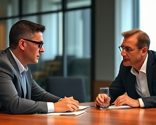 visionary industry executives, determined expression, discussing strategy, photorealistic, board meeting room with modern decor, highly detailed, dynamic gestures, 85mm, warm ambient light, shot with a Nikon AF-S 85mm f/1.4 lens.